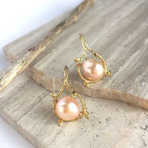Pink Pearl Bird Nest Gold Hoop Earrings